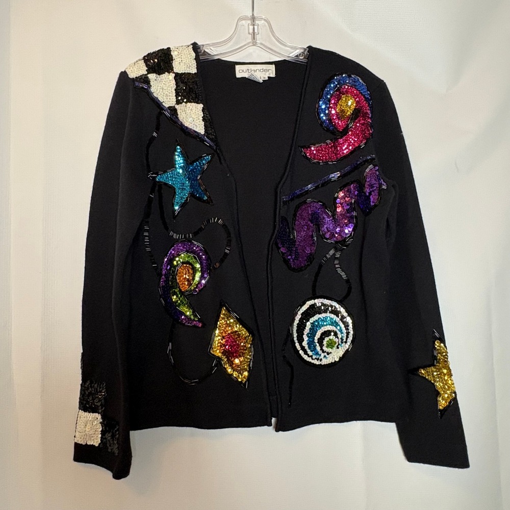 Outlander Vtg 80s Black Sequin Beaded Star Checkerboard Cardigan Sweater M Party